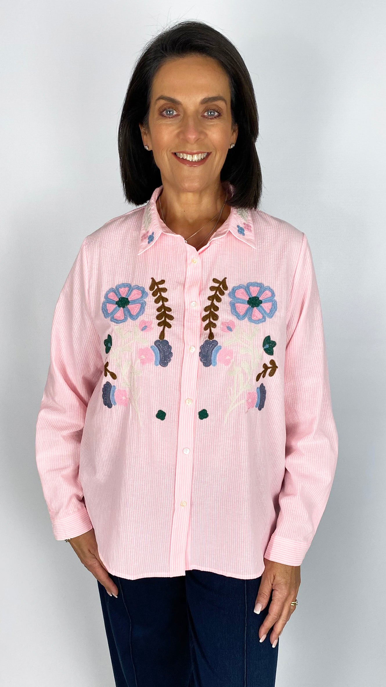 Flower embroidered cotton pinstripe shirt | 2 Colours