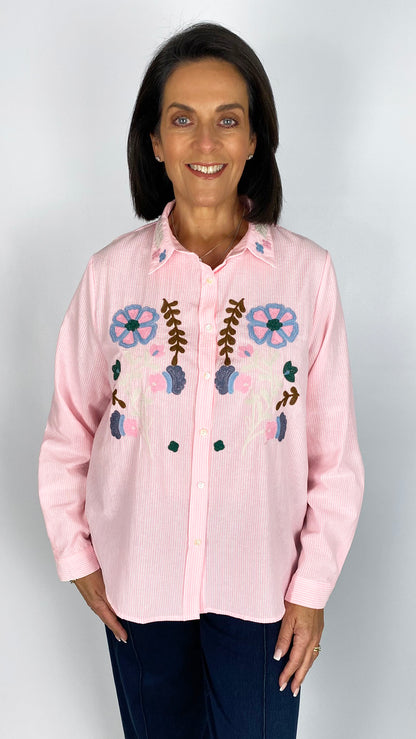 Flower embroidered cotton pinstripe shirt | 2 Colours