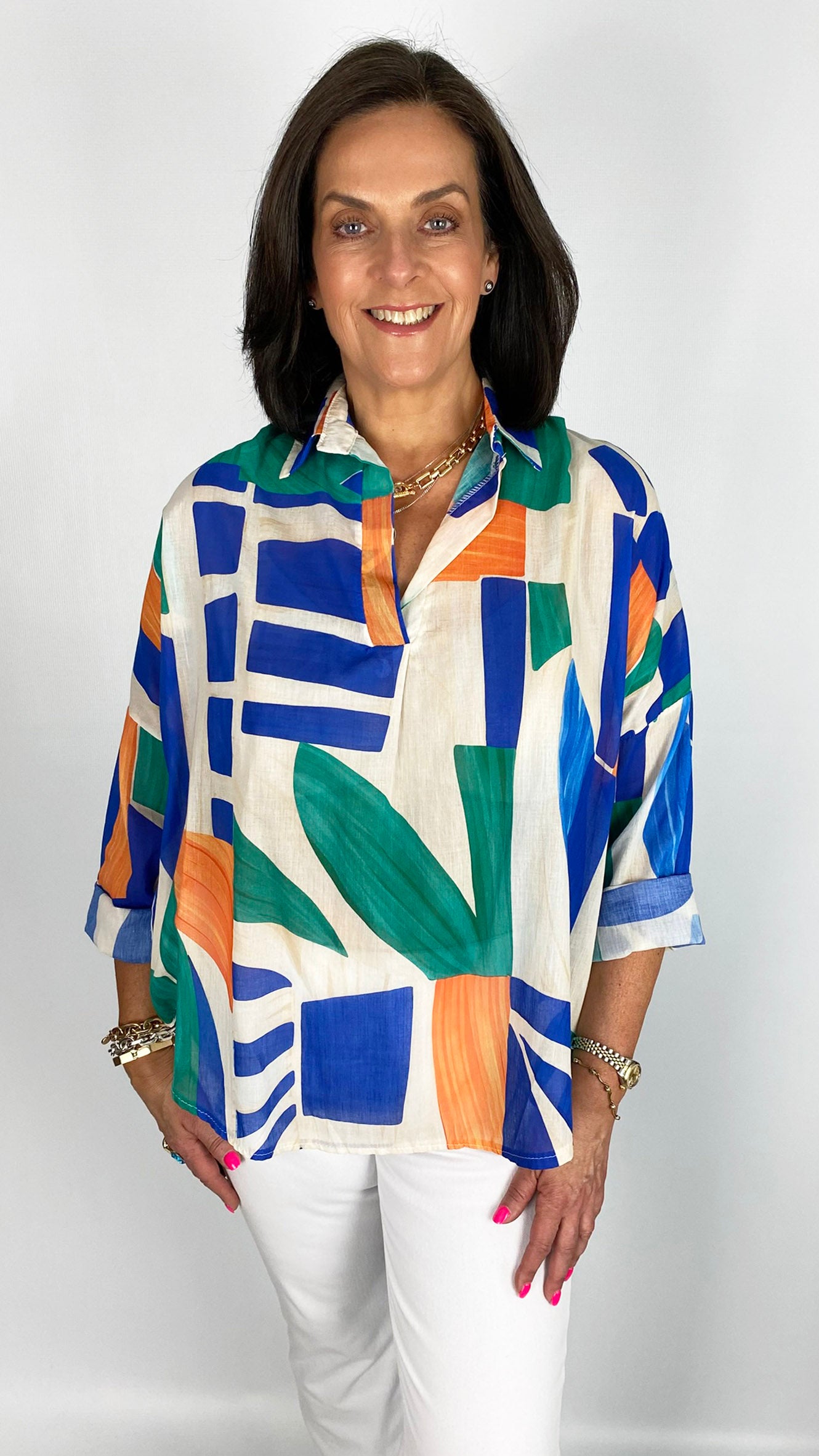 Cotton collared v-neck print blouse | 3 Colours