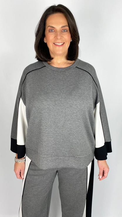 Block contrast & piping bell sleeve sweatshirt by Mat (Grey/Black/White)