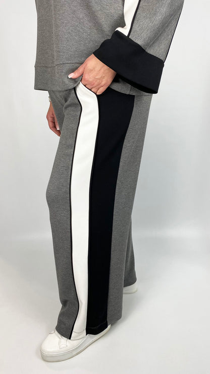 Block contrast & piping wide-leg trouser by Mat (Grey/Black/White)