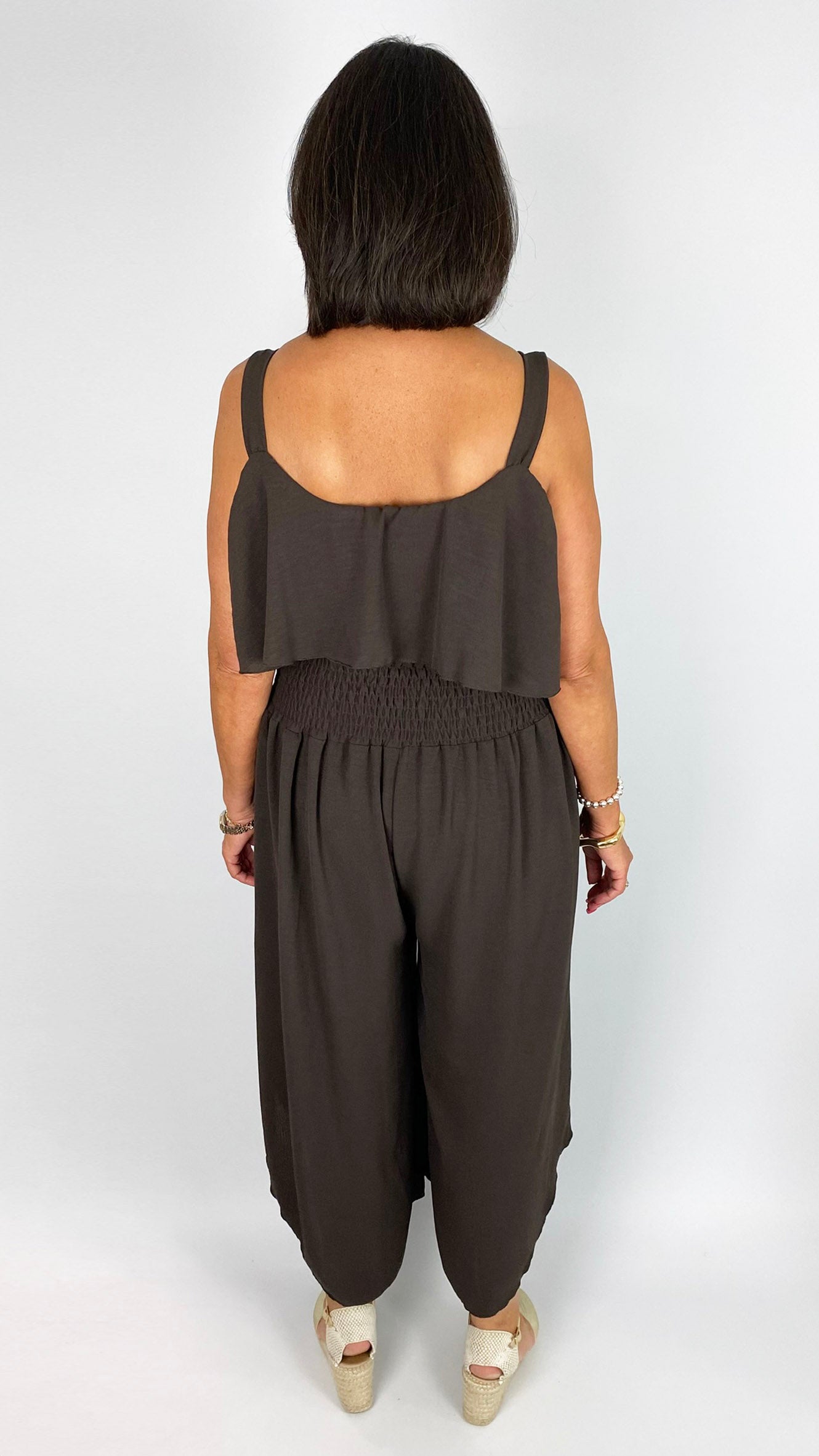 Crepe frill front tulip-leg jumpsuit | 3 Colours