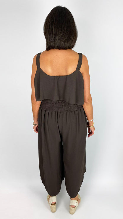 Crepe frill front tulip-leg jumpsuit | 3 Colours