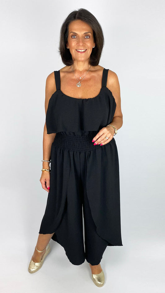 Crepe frill front tulip-leg jumpsuit | 3 Colours