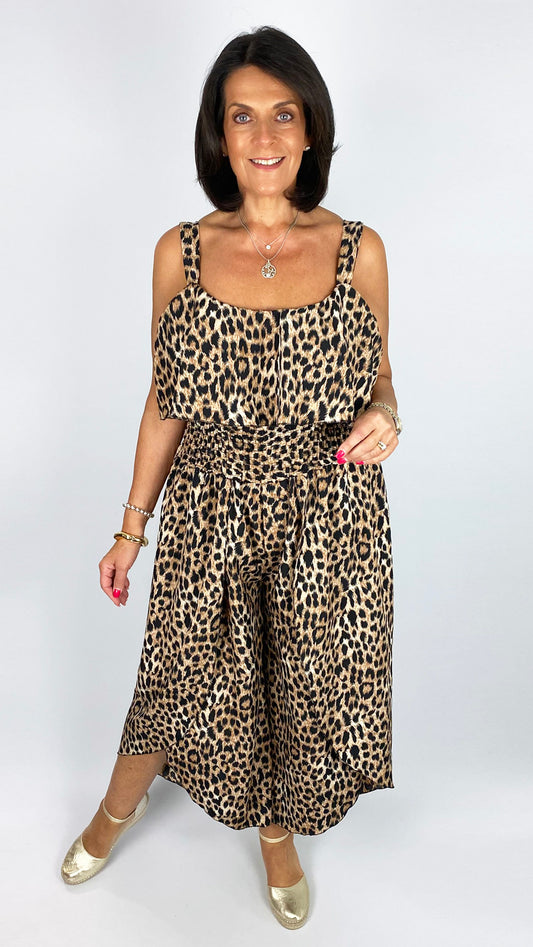Animal print crepe frill front tulip-leg jumpsuit