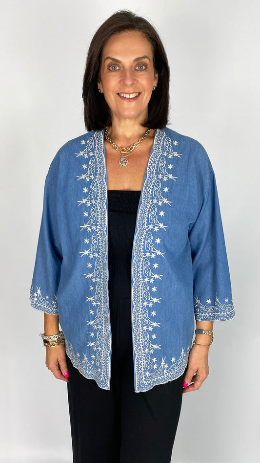 Embroidered trim chambray kimono jacket | Light Chambray/White
