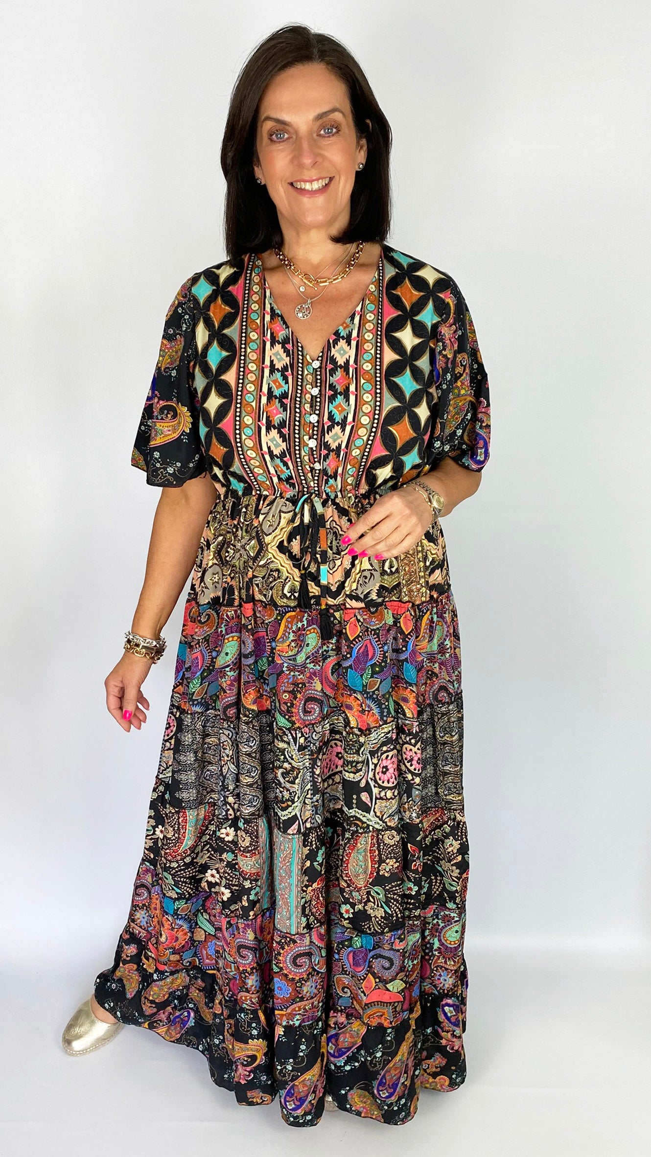 Patch tiered v-neck frill-sleeve maxi dress | Multi Print