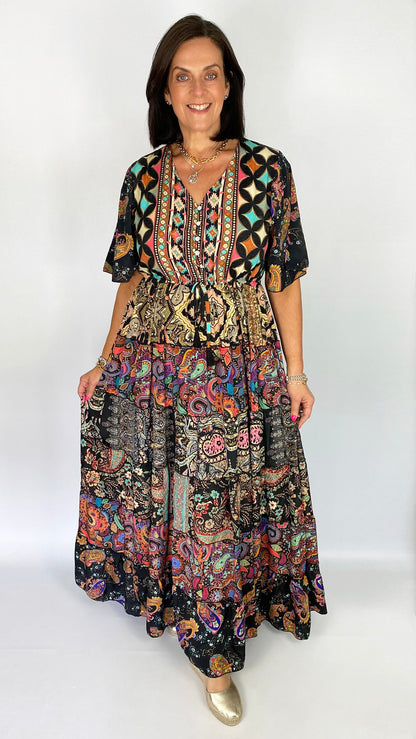 Patch tiered v-neck frill-sleeve maxi dress | Multi Print