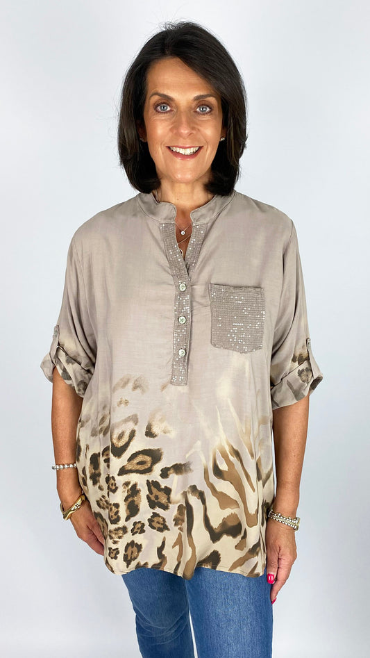 Mixed AP hem sequin patch pocket half-button blouse | 4 Colours