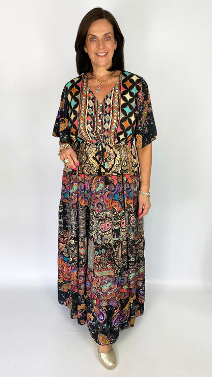 Patch tiered v-neck frill-sleeve maxi dress | Multi Print
