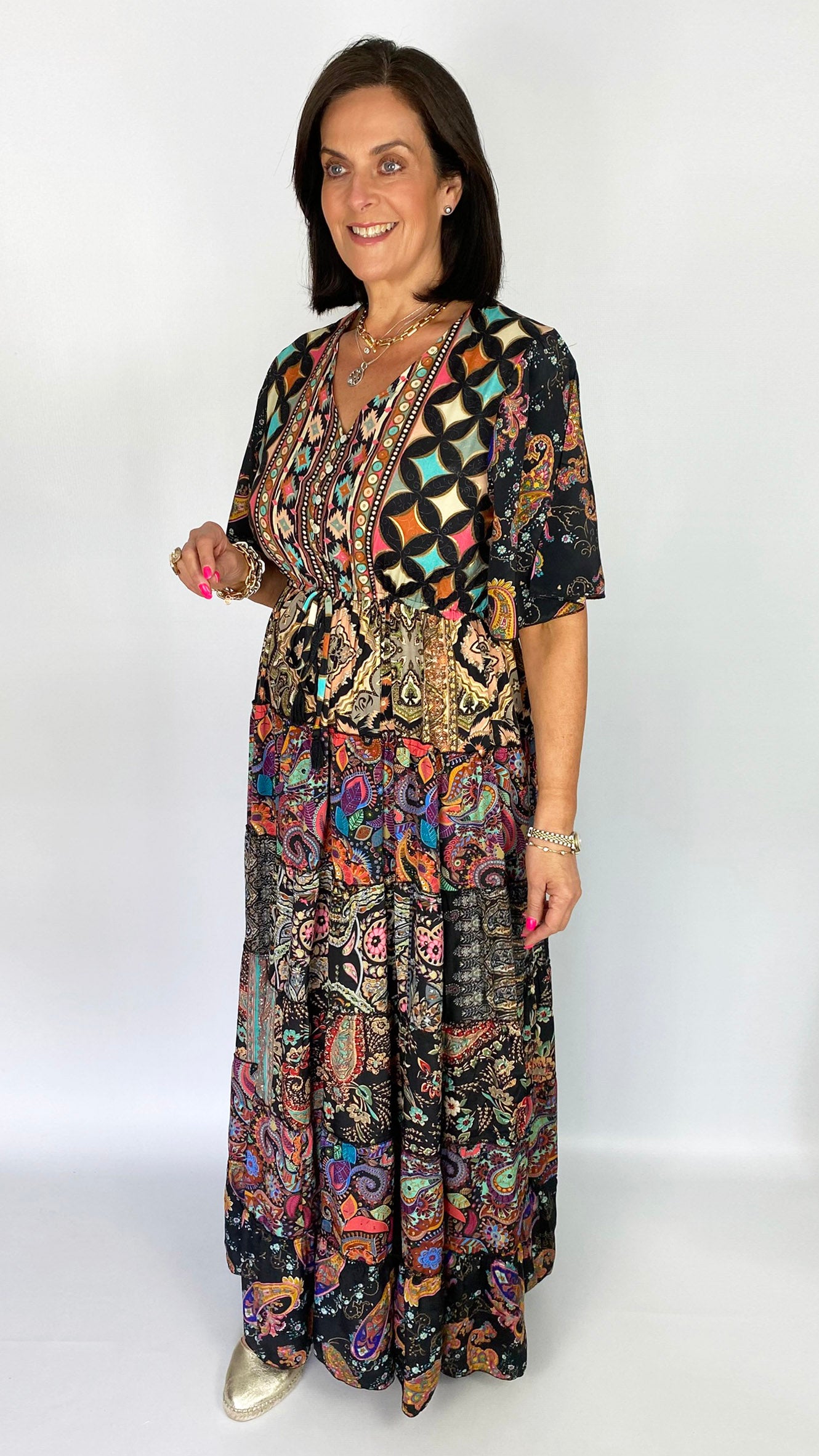 Patch tiered v-neck frill-sleeve maxi dress | Multi Print