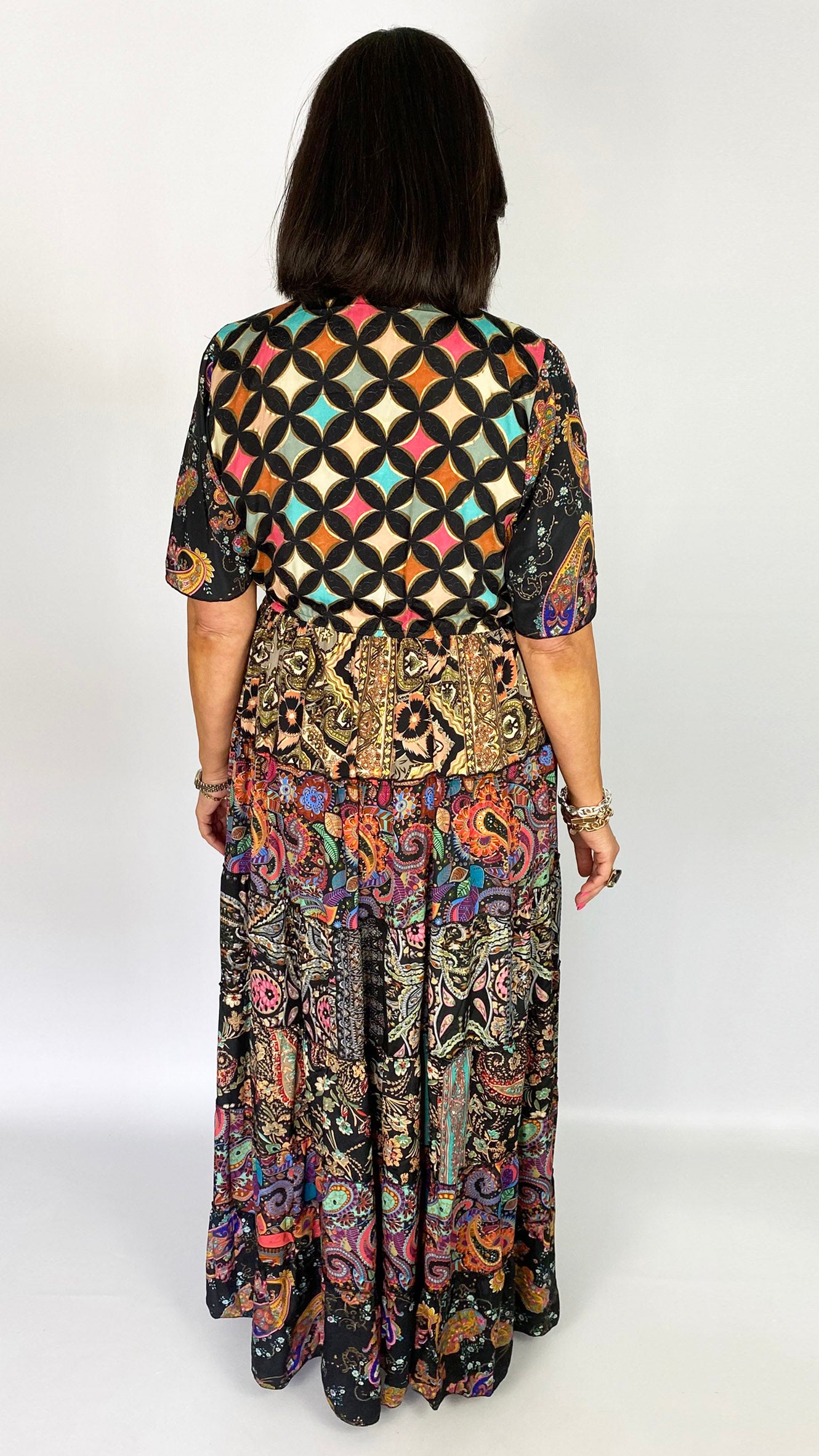 Patch tiered v-neck frill-sleeve maxi dress | Multi Print