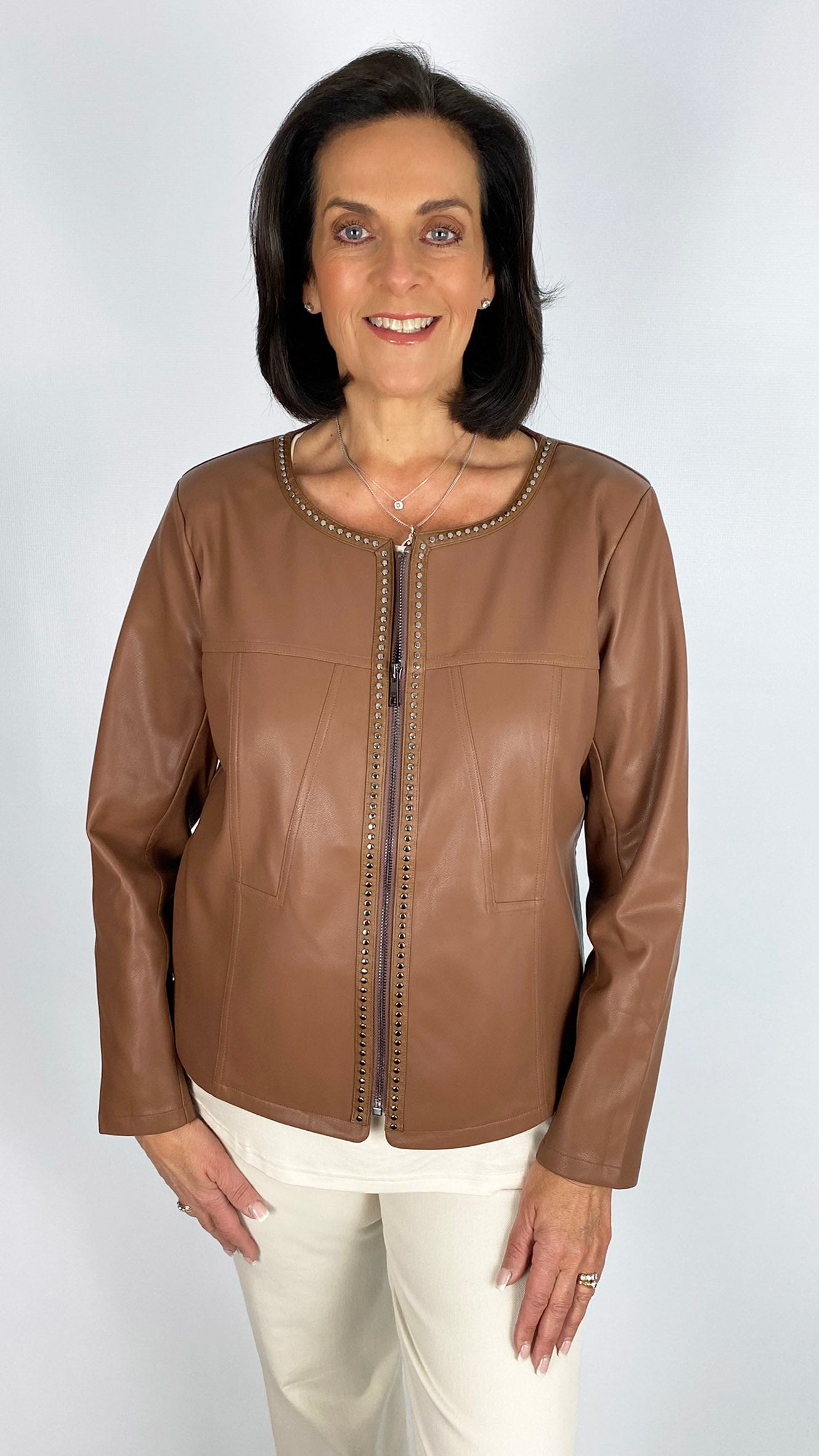 Round neck studded vegan leather biker jacket | 2 Colours | 2 Sizes | by Malissa J