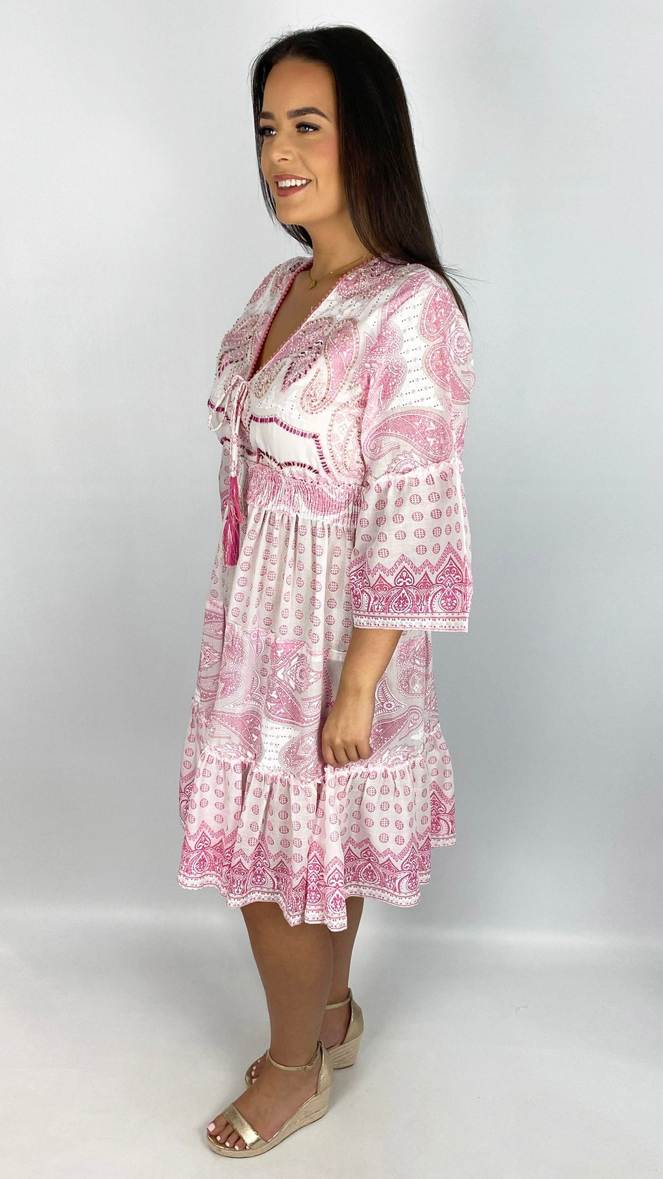 Embellished boho tassel tie cotton midi dress | 4 Colours