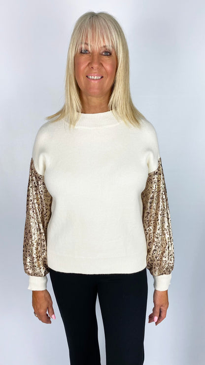 Animal Print sequin arm round neck jumper (Cream)