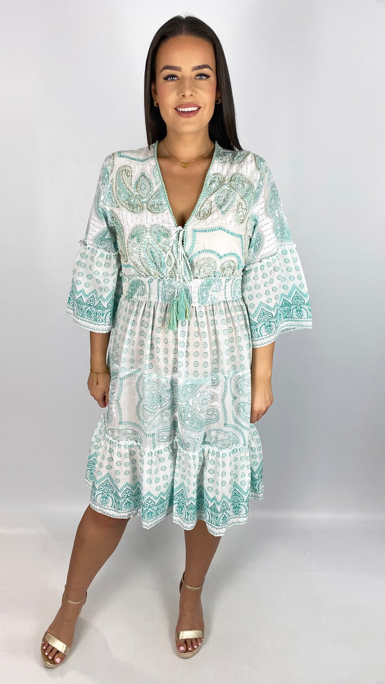 Embellished boho tassel tie cotton midi dress | 4 Colours