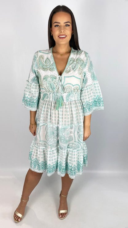 Embellished boho tassel tie cotton midi dress | 4 Colours