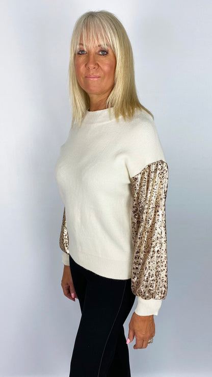 Animal Print sequin arm round neck jumper (Cream)