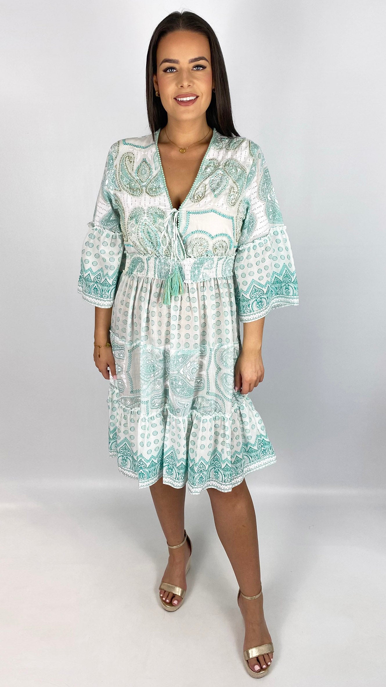 Embellished boho tassel tie cotton midi dress | 4 Colours
