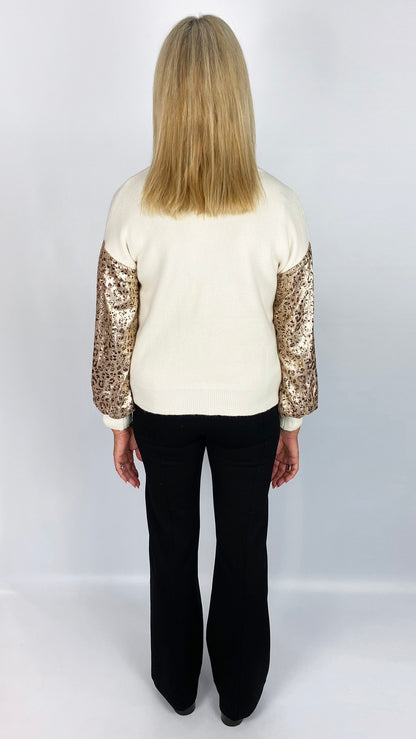 Animal Print sequin arm round neck jumper (Cream)