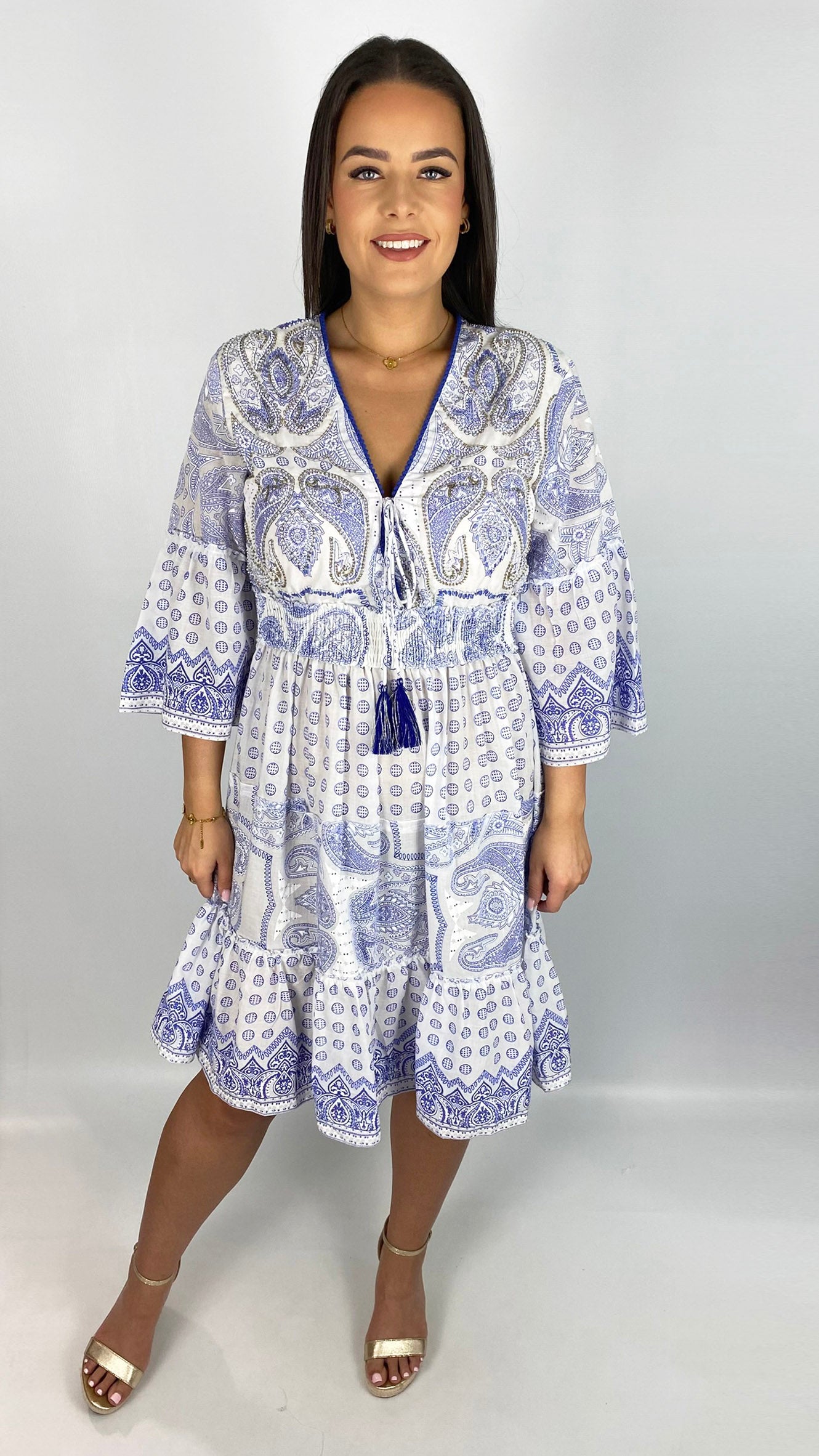 Embellished boho tassel tie cotton midi dress | 4 Colours