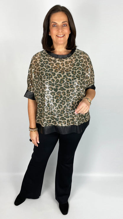 Sequin leopard PU trim top w/ cami (Champagne/Khaki) - last 1