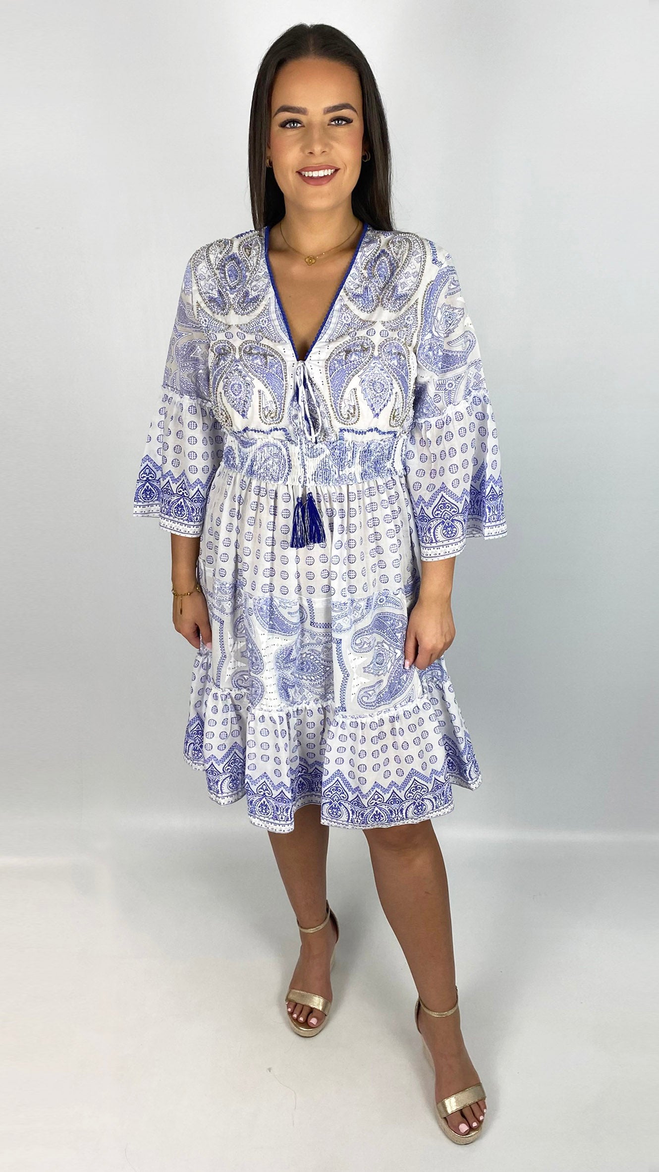 Embellished boho tassel tie cotton midi dress | 4 Colours