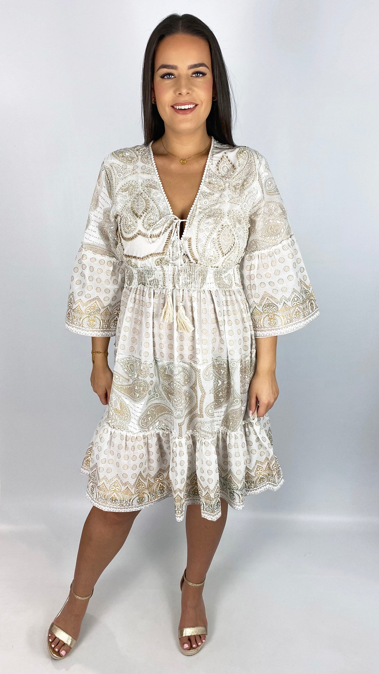 Embellished boho tassel tie cotton midi dress | 4 Colours