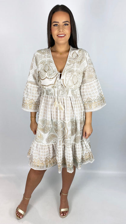 Embellished boho tassel tie cotton midi dress | 4 Colours