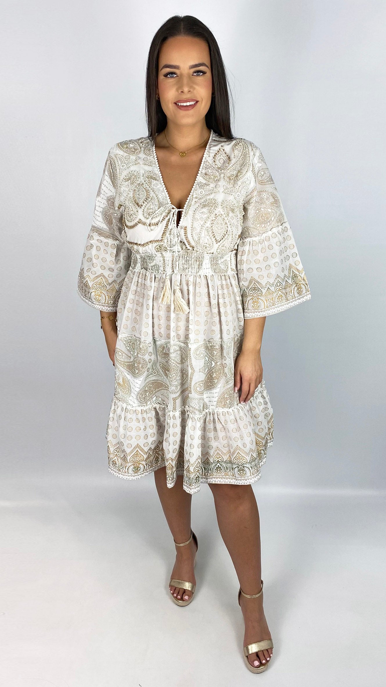 Embellished boho tassel tie cotton midi dress | 4 Colours