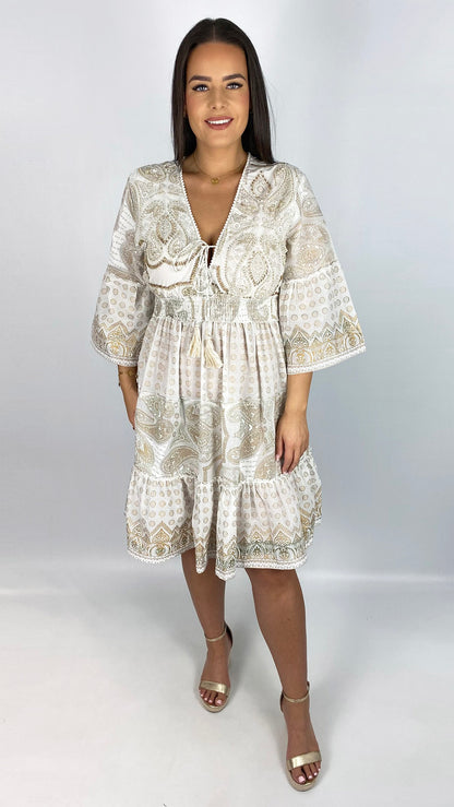 Embellished boho tassel tie cotton midi dress | 4 Colours