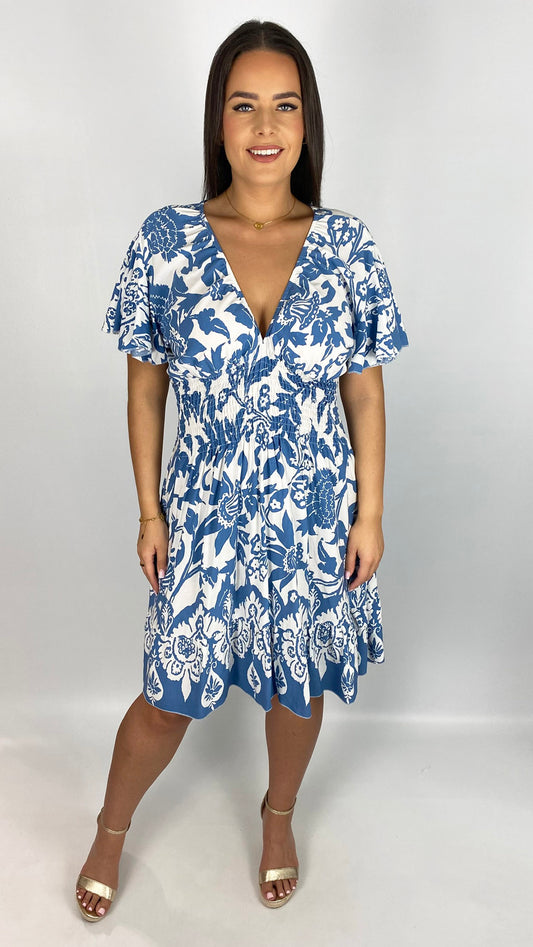 Shirred waist v-neck jungle print dress | new! Colours