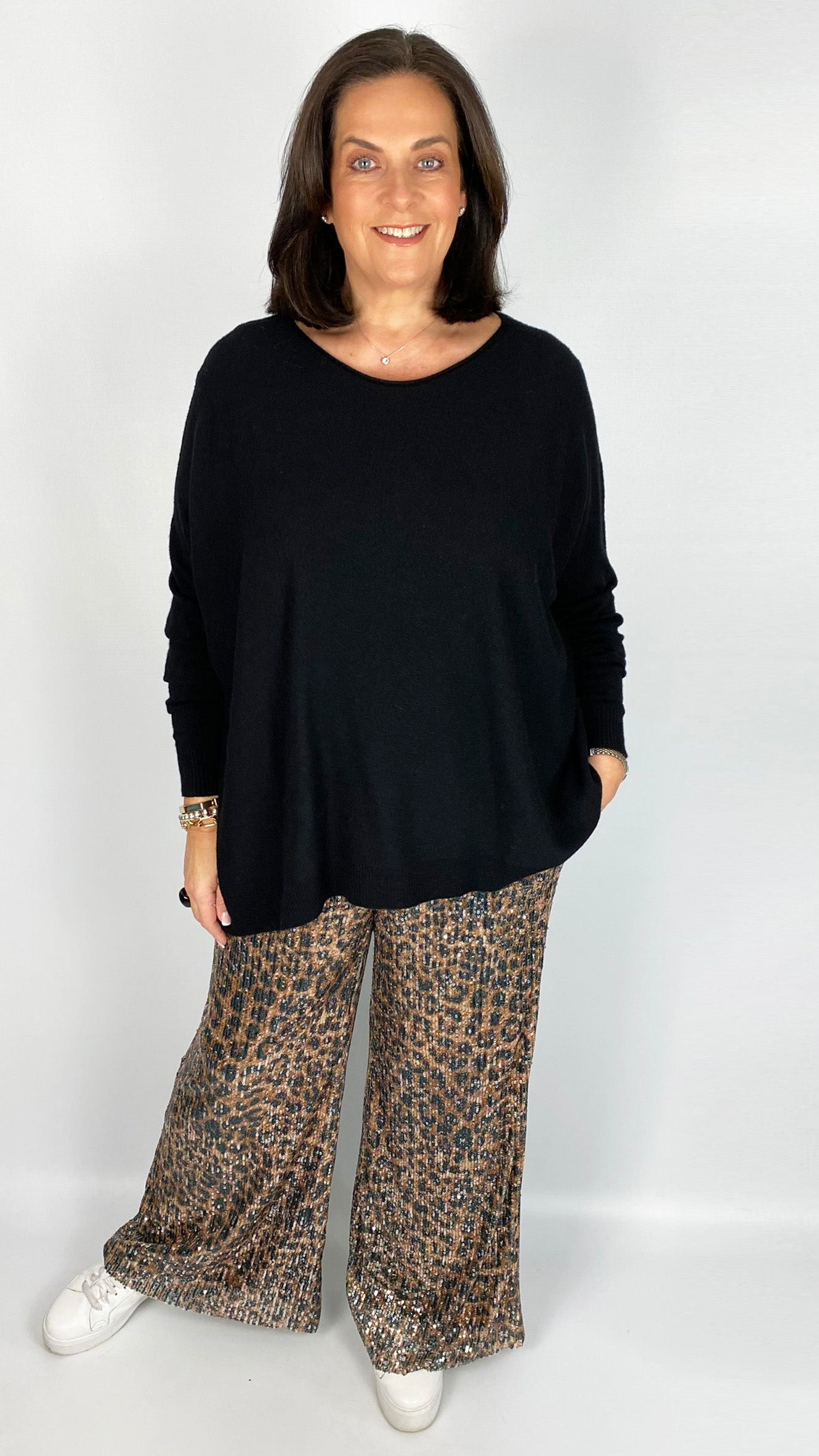 Leopard sequin wide leg trousers (Caramel/Black)