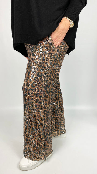 Leopard sequin wide leg trousers (Caramel/Black)