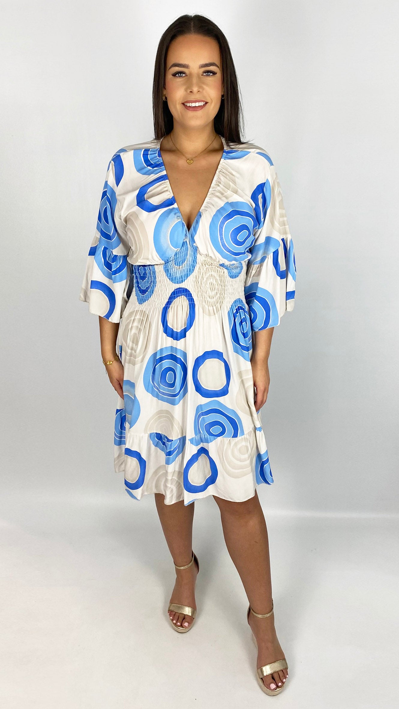 Shirred waist v-neck circle print dress | 2 Colours