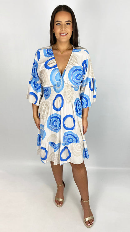 Shirred waist v-neck circle print dress | 2 Colours