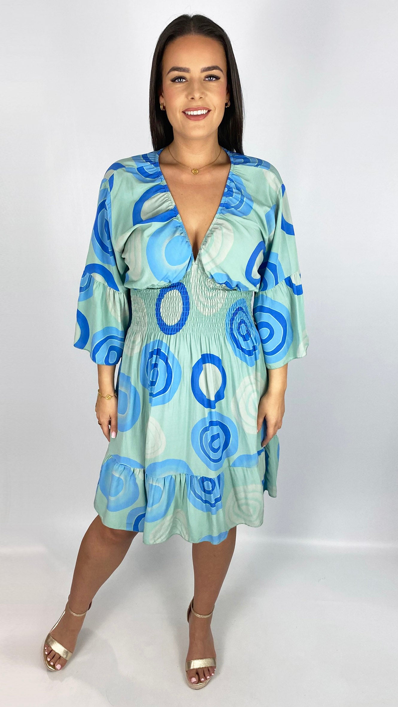 Shirred waist v-neck circle print dress | 2 Colours