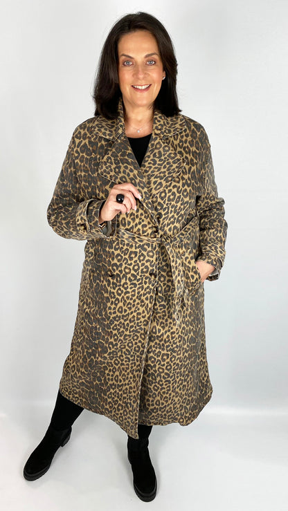 Stretch cotton button-through trench coat (Leopard)