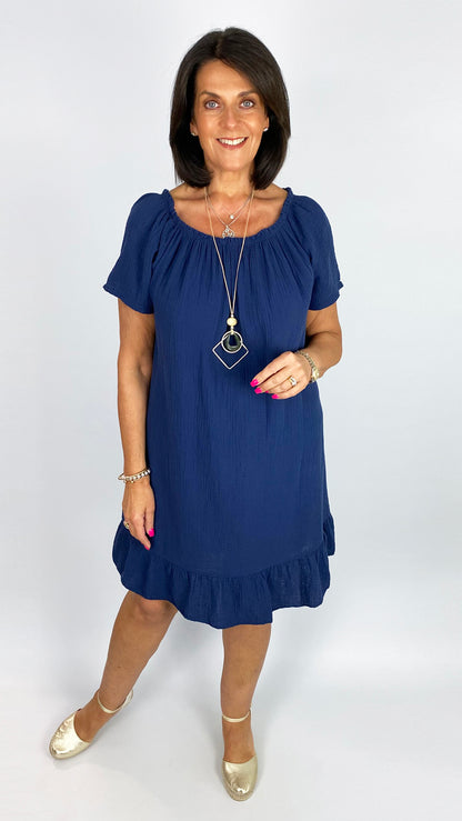 Cheesecloth on/off-the-shoulder frill hem dress | 4 Colours