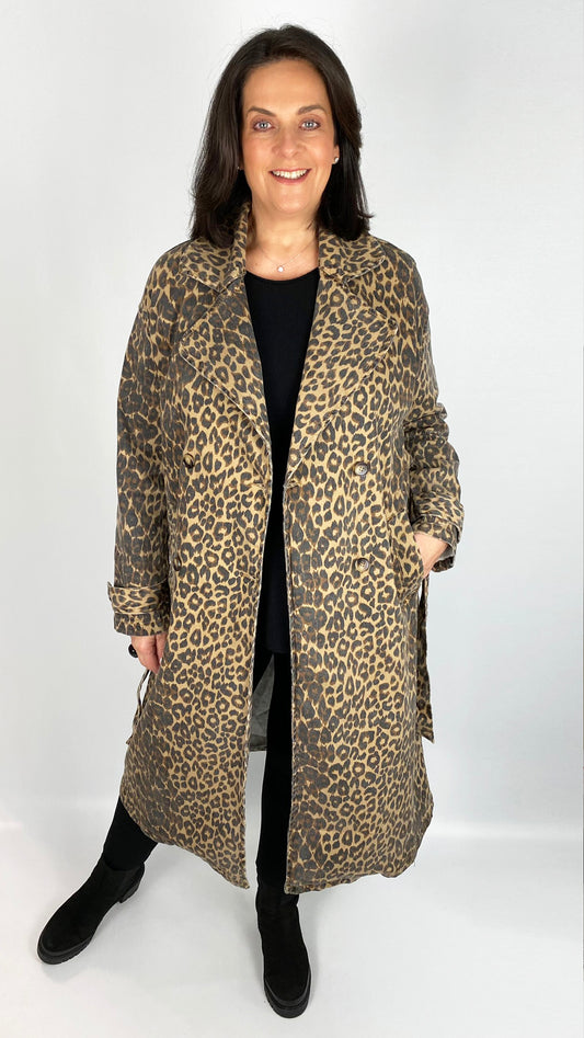 Stretch cotton button-through trench coat (Leopard)