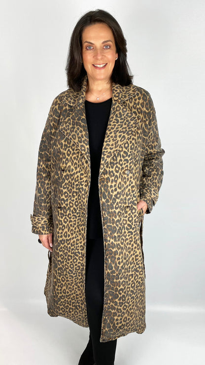 Stretch cotton button-through trench coat (Leopard)