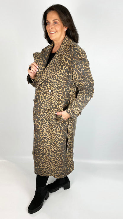 Stretch cotton button-through trench coat (Leopard)