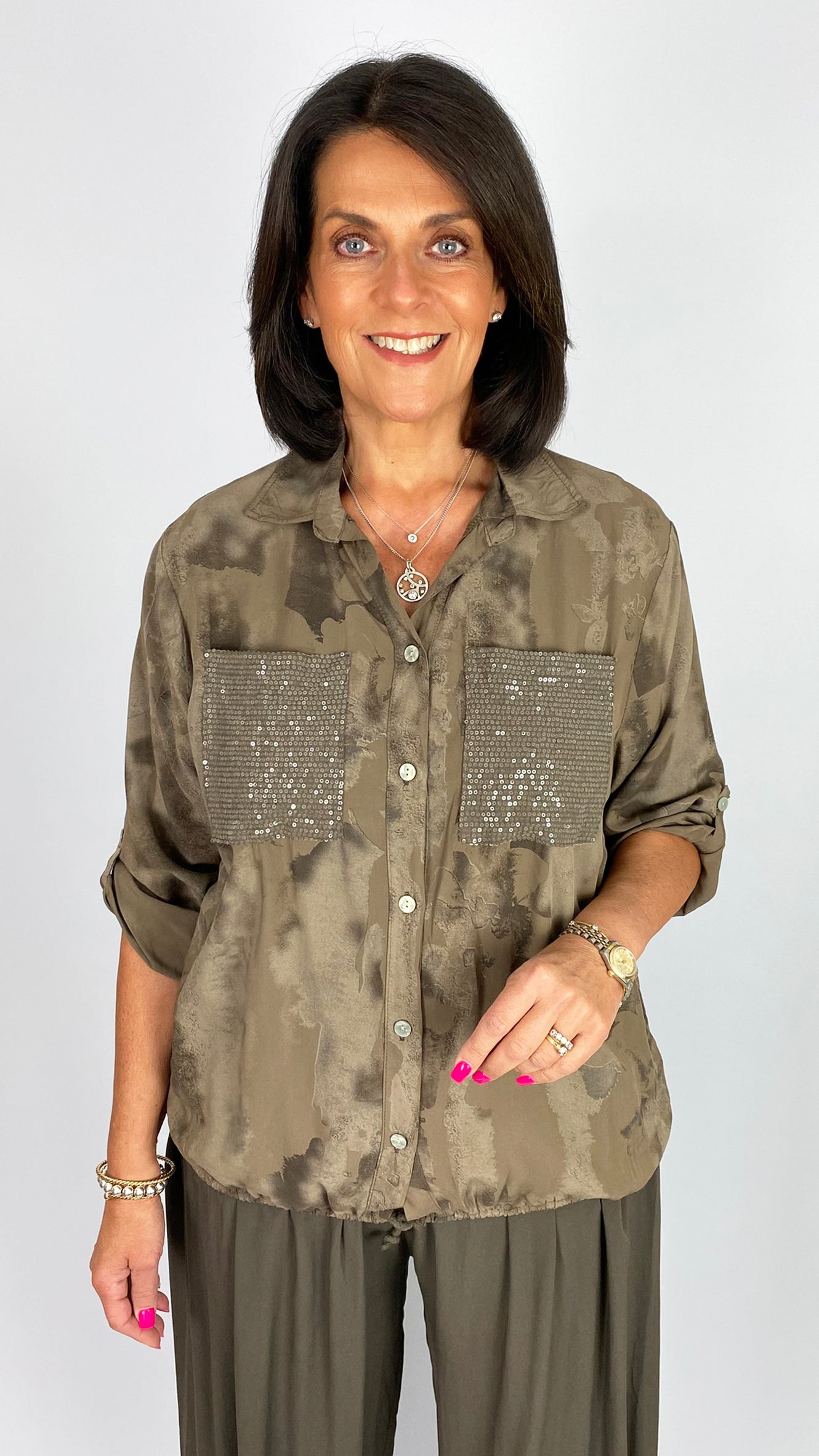Drawstring hem sequin patch pocket print shirt | 2 Colours