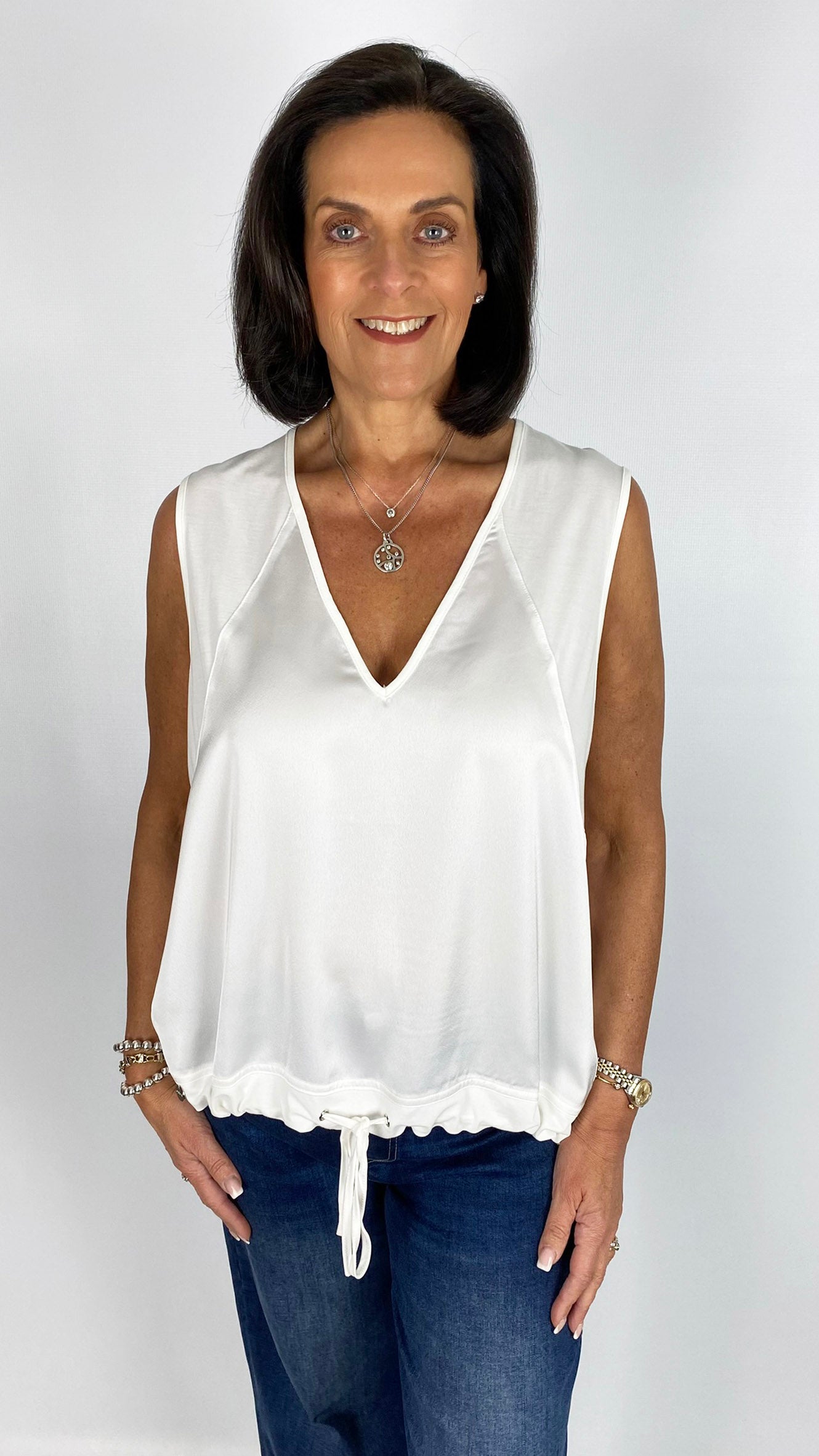 Satin front v-neck drawstring top | White | by Malissa J