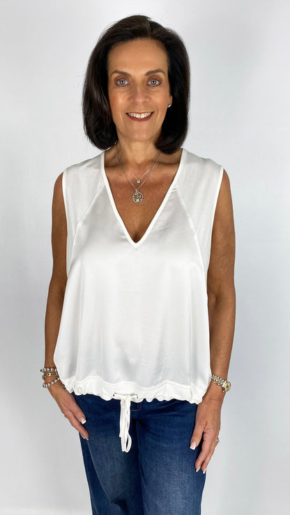 Satin front v-neck drawstring top | White | by Malissa J
