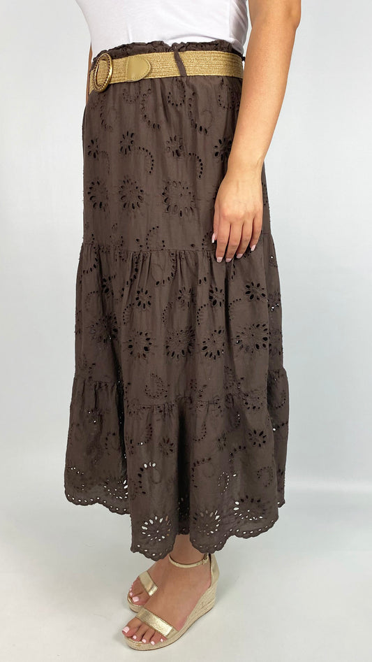 Embroidery anglaise tiered skirt w/ belt | 3 Colours