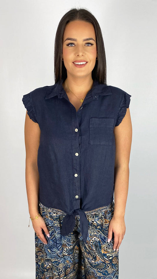 Linen frill shoulder tie-waist shirt | 4 Colours