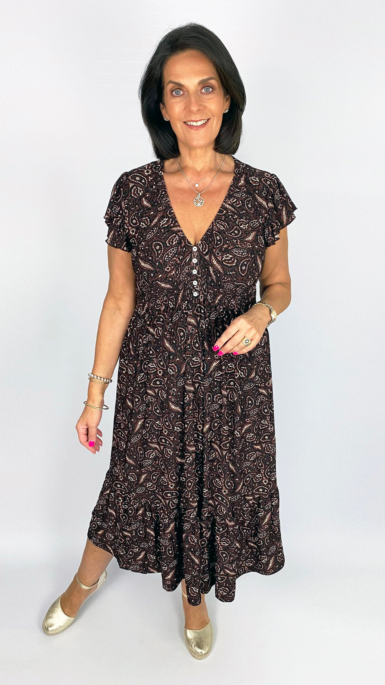 Button-front v-neck midaxi dress | Chocolate