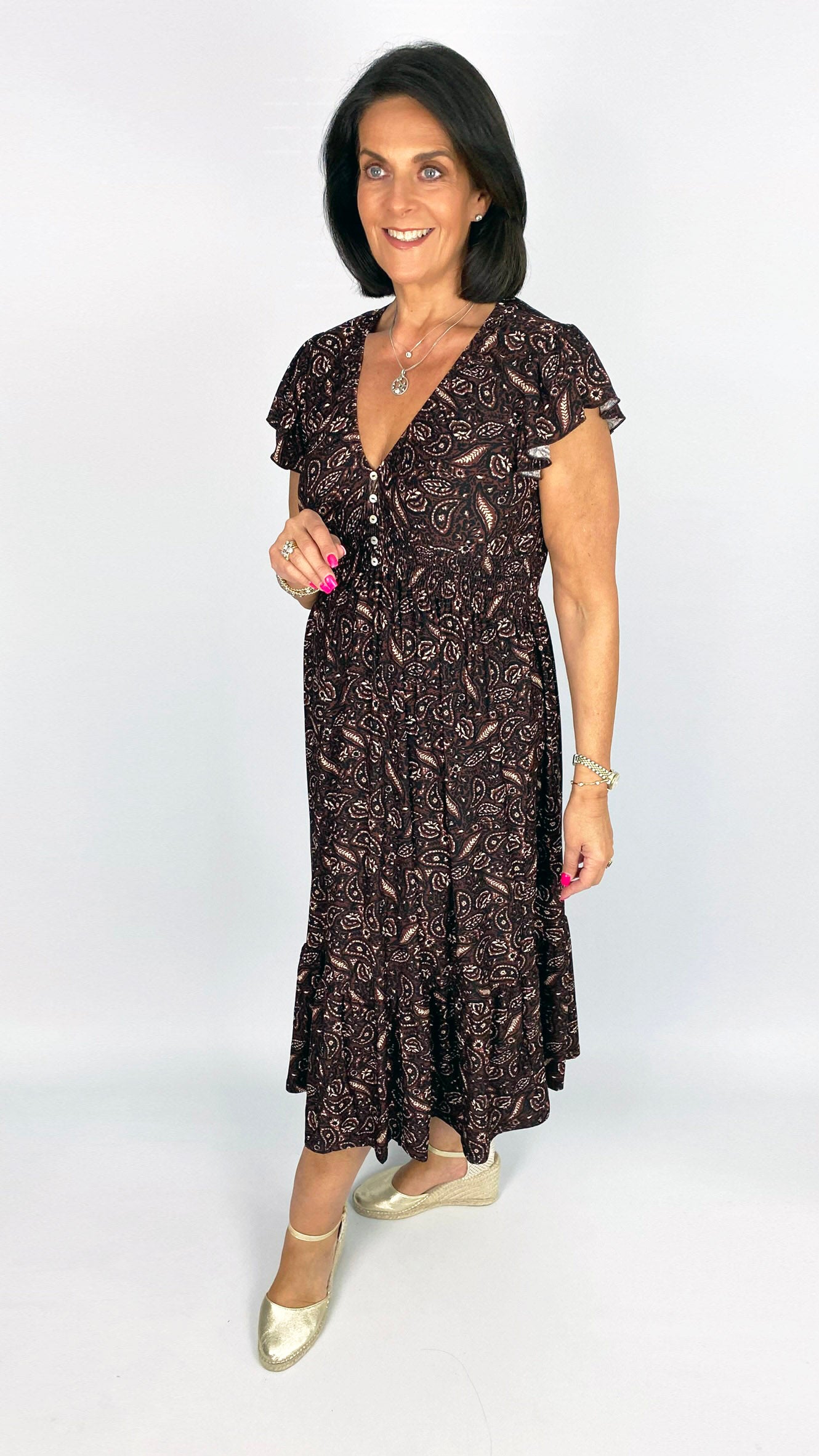 Button-front v-neck midaxi dress | Chocolate