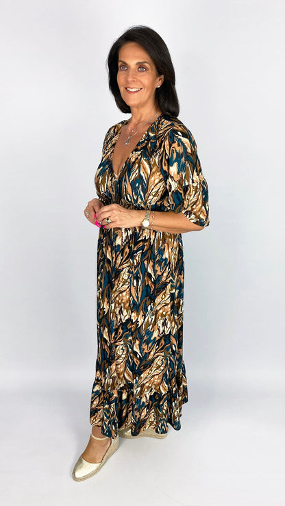 Elasticated v-neck midaxi dress | Chocolate/Teal